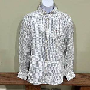 Tommy Hilfiger White & Blue Floral Dot Linen & Cotton Custom Fit Dress Shirt L
